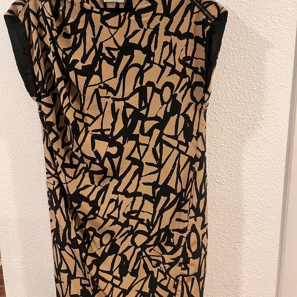 Whistles 100% Silk Black and Tan Abstract Print Midi Dress